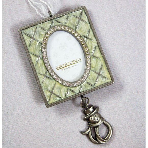 Aaron Brothers Mini Picture Frame Pewter Ornament w/Rhinestones & Snowman Charm - Picture 2 of 5